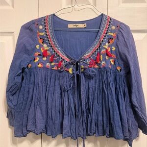 Sundance Indigo Blue Embroidered Peasant Blouse with Tassel Ties